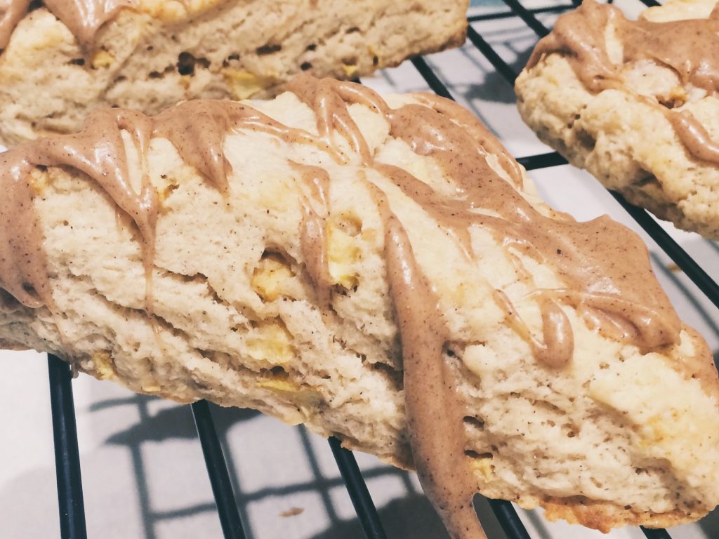 Apple pie scones with a glaze flavoured with apple pie spice by Crystal Smith.