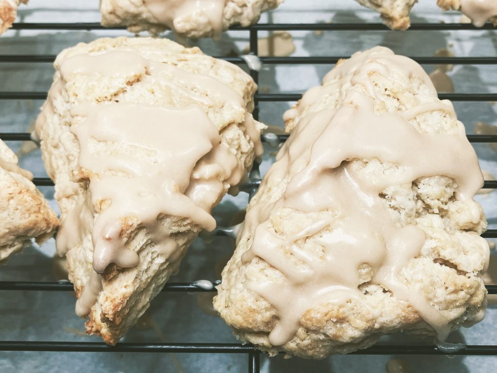 Coffee-flavoured "cafe au lait" scones with coffee-flavoured icing by Crystal Smith.