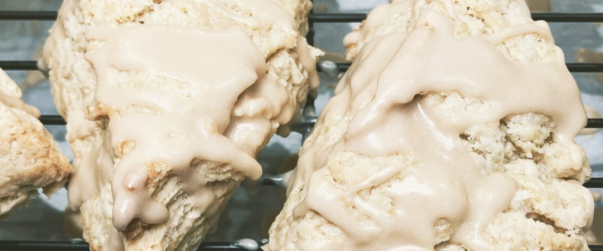 Coffee-flavoured "cafe au lait" scones with coffee-flavoured icing by Crystal Smith.
