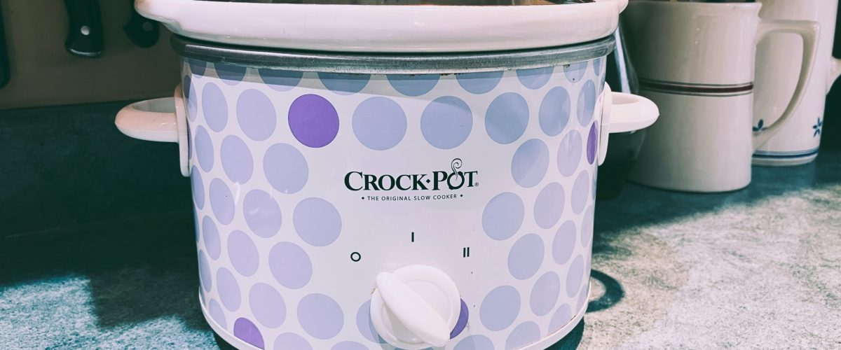 Small slow cooker on a counter.