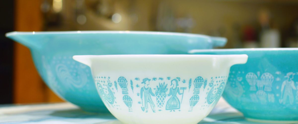 Pyrex Cinderella bowls in Butterprint pattern by Crystal Smith.