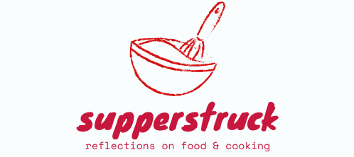 Supperstruck logo in red with sketch of mixing bowl and whisk.